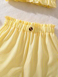 Left Mama Girls Striped Crop Top And Ruffle Hem Shorts Set, Sweet Cute Summer Outfit