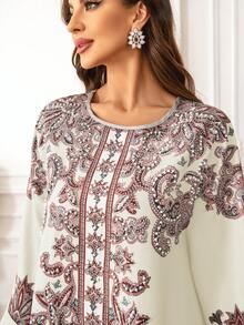 女士圆领长裙，常规剪裁，全身印花，超厚柔软四向弹力面料，常规袖，闪亮装饰，胸前铆钉，奢华优雅的阿拉伯风格 Jalabiya - 白色 - 查看 5