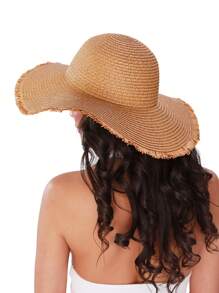 1pc Grass Edge Banding Women Solid Boho Straw Hat For Vacation Fashionable Women's Spring/Summer Beach Hat With Wide Brim, Sun Protection, And Personalized Woven Straw Hat For Travel And Vacation Bow