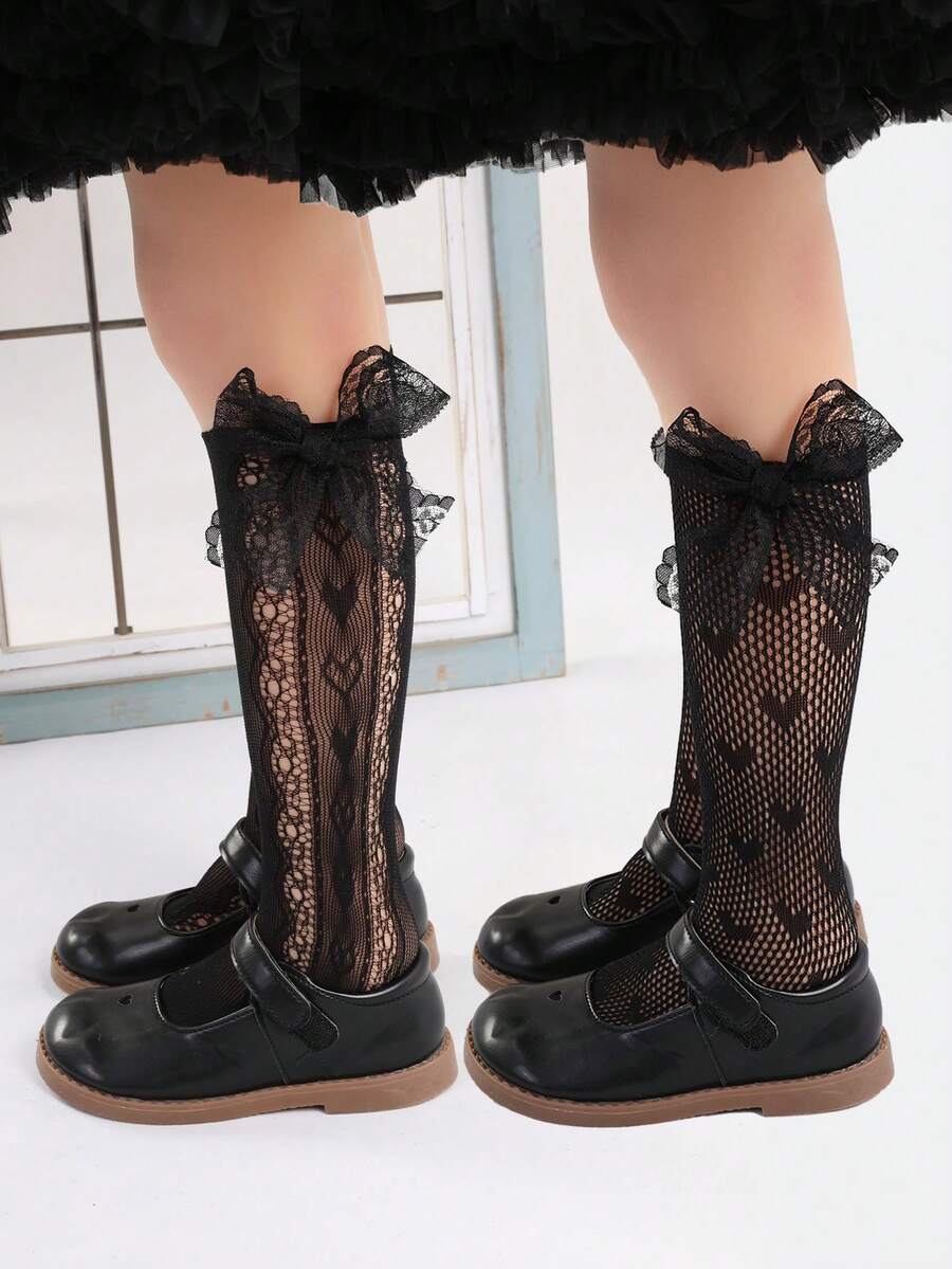 2 Cặp tất lưới Jacquard ren nơ trái tim dễ thương cho bé gái/trẻ mới biết đi, thích hợp cho bé gái vào mùa hè