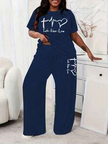 2 piezas Conjunto de pijama casual de verano para mujer talla grande, con top de manga corta y pantalón largo, ropa de casa - Azul - Ver 6