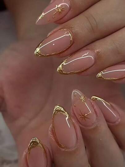 Eleve seu estilo com 24 unhas postiças de gel 3D de amêndoa longa, design de ponta francesa, coladas, de ajuste médio, perfeitas para unhas acrílicas falsas. Inclui: 1 peça de cola de gelatina e 1 lixa de unha. Unhas de ponta de amêndoa francesa para mulheres e meninas usarem no dia a dia, em festivais e festas, suprimentos de unhas