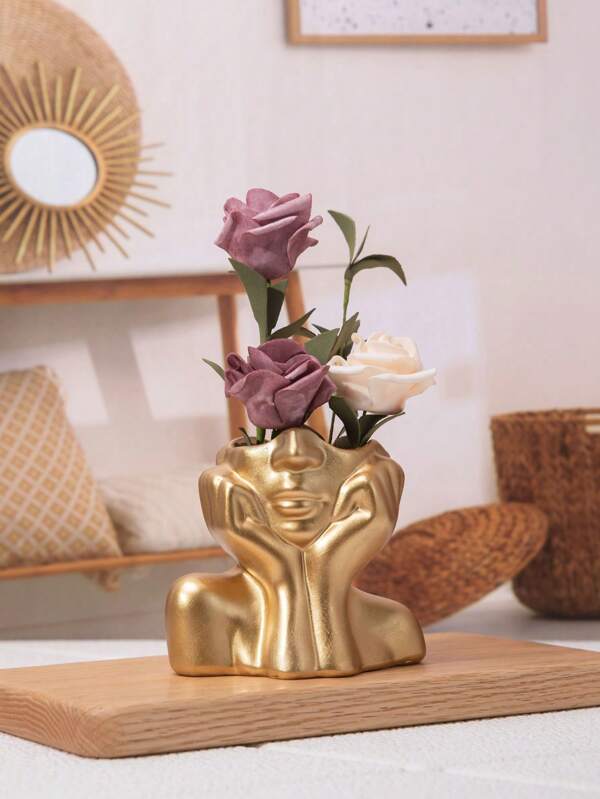 1pc Golden Resin Vase For Decoration, Flower Head Vase, Beauty Tools Storage, Office Stationery Storage, Modern Simple Vase, For Home Decoration Living Room Desk Decoration