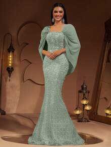 新款时尚高端优雅奢华亮片蕾丝拼接雪纺披肩袖女士美人鱼尾长裙，正式晚礼服，适合宴会、派对、红毯、婚礼宾客、新娘、情人节等场合。 - 薄荷綠 - 查看 7