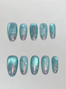 10pcs Blue Laser Holographic Waterdrop Cat Eye Nail Stickers, Handmade High-End Elegant Aurora Display Nail Art Decals