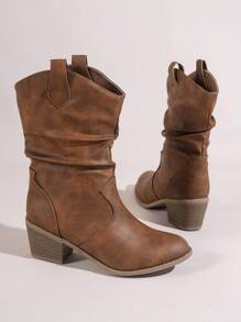 Ruched Women's Ankle Boots, Western Style High Heel Boots, Chunky Heel, Versatile