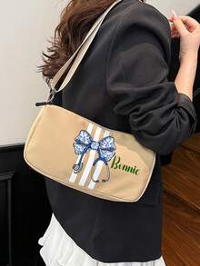 1pc Embroidery Custom New Personalized Shoulder Women's Striped Bag. Multi Color Selection, Black, White, Khaki, Green. Simple And Lightweight, Customizable With Bow Patterns To Match Your Custom Text. New Fashionable Shoulder Bag