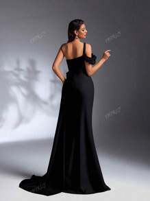 IBTRLY Vestido maxi elegante para fiesta con escote asimétrico, decoración floral en 3D y volantes laterales