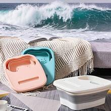 1 件可折叠按摩泡脚桶。这是一款家用塑料足浴盆，专为养生而设计。配有保温盖，具有按摩功能。这款泡脚桶适合成人使用。