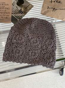 1pc Casual Boho Polyester Knitted Hollow Pearl Flower Handmade Beanie Hat, Lightweight 4 Season, Sweet & Cute Korean Style For Women