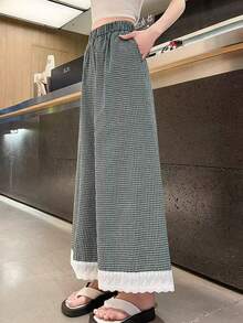 美式雪纺格子蕾丝花边阔腿裤女式裤裙，夏季新款宽松休闲7/8长裤 - 黑與白 - 查看 3