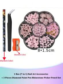 1 caja (7 en 1) de accesorios de arte de uñas + 3 piezas de juego de lápices con pincel de diamantes de imitación, incluye accesorios de arte de uñas en caja con corazones, moños, conjunto mixto de diamantes de imitación, con 1 sacapuntas, 1 pinzas y 1 lápiz de cera autoadhesiva con resina para decoración de uñas DIY, para mujeres y niñas, para salón de belleza en casa.