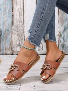 Thick Sole New Spring/Summer Brand Thick Bottom Rice Bran Women Sandals, Fashionable Casual Slip-On Roman Slippers, Comfortable Black Slouchy Slippers For Summer - Brown - View 4