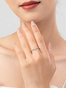 1 pieza Anillo de diseño de línea minimalista con circonita brillante de plata de ley 925, regalo de joyería de moda - Plateado - Ver 2