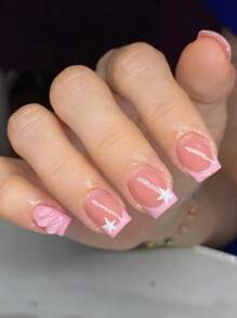 Elevate Your Style With 24pcs Press On Nails Short, Creative And Fashionable Fake Nails, Classic Simple Daily Pink French Press The Short Nail, White Pentagram Pattern Pink Nails, Y2K Nail Art, Can DIY Fake Nails, Personalized Hot Girl Nail Set, Suitable For Women's Spring And Summer, Vacations, Parties, Dances, Festivals, Nail Supplies