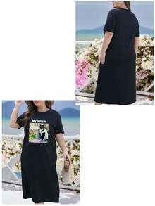 Customized Photo Print Casual Dress For Women, Personalized Couple/Lover/Family/Friend/Pet Image, Comfortable Loose Plus Size Long Dress, Graphic T-Shirt Dress, Gift For Her, Autumn Top, Anniversary Gift, Valentine's Gift, Birthday Gift, Wedding Gift, Best Friend Gift - Black - View 3