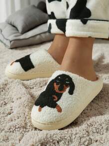 Dachshund Pattern Embroidered Plush Thick-Sole Checkered House Slippers, Anti-Slip Indoor Slippers For Women, Home Cartoon Animal Slippers - TPR Outsole, Thermal Lined, Handwashable - Great For Mother's Day, Weddings, Parties, Home, Vacations