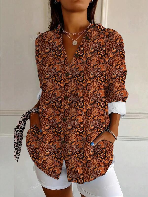 Women's Long Sleeve Blouse Fashion Floral Print Spring Summer New Arrival Casual Loose Fit Tops Comfy Relaxed Shirt Flowy Chic Streetwear Style