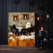1 件，浴缸里的鬼魂读书帆布墙画，猫墙画，可怕可爱的鬼魂万圣节墙画，墙画，海报，万圣节家居装饰 - 帆布材料（可选框架）