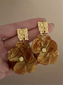 1 par de brincos longos de acrílico cor âmbar com pétalas, estilo vintage europeu e americano, joias florais trifoliadas para mulheres e meninas, festa, banquete, aniversário, casamento