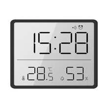 Reloj despertador digital mini con medición de temperatura, humedad del aire, hora, sonido de alarma, con imanes y ventosa, pantalla LCD para pared, 12/24H, a pilas