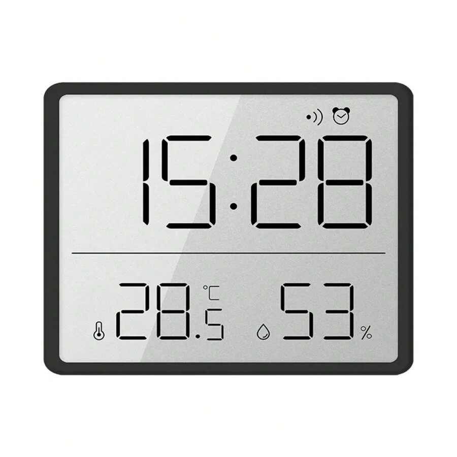 Reloj despertador digital mini con medición de temperatura, humedad del aire, hora, sonido de alarma, con imanes y ventosa, pantalla LCD para pared, 12/24H, a pilas