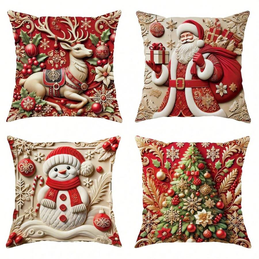 4 fundas de almohada planas 2D de Navidad (bordado no realista) - Diseños de Papá Noel, muñeco de nieve, reno y duende con impresiones de "¡Feliz!", "¡Nieve!", "¡Alegría!" y "¡Ho Ho Ho!" Perfectas para la decoración del sofá de la sala de estar, accesorios festivos del hogar, regalos de Navidad