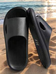 Fashion Versatile Black Hollow-Out Open Toe Slippers For Men, Flat Soft Comfortable Non-Slip Odor-Resistant EVA Material, Suitable For Home, Bathroom, Beach, Summer Wear, Unisex Design - View 7