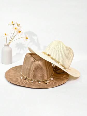 1pc Unisex Tassels Decor Boho Jazz Panama Visor Cowgirl Hat Cowboy Hat Straw Hat Beach Hat For Outdoor ( Hand Knitting)