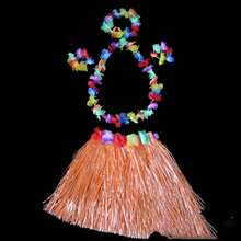 1 Set Falda de hierba estilo hawaiano, regalos creativos de fiesta hawaiana, decoraciones de fiesta, falda de hierba, corona de flores personales, decoraciones de fiesta hawaiana, collar, diadema y pulsera de flores (color de la flor aleatorio) - falda elegante - Ver 16