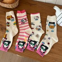 Sanrio 1Pair Sanrio For Hello Kitty & Friends Women'S Kawaii Cat Crew Socks - Cute Cartoon Designs, Breathable Polyester, Perfect For Work & Casual Wear, Available In Multiple Colors, Cute Socks