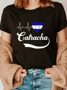 Cotton Honduras Flag Girl Women Honduran Catracha Pride Heart Love T-Shirt Casual Short Sleeve Shirt - Black - View 1