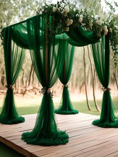 Eleganta djupgröna polyestergardiner - Transparent tyg med frodiga blommiga accenter, lämpliga för bröllopsbåge och mottagning, perfekta för alla hjärtans dag, påskfirande - 100 % polyester, rektangulära, bröllopsdekorationer