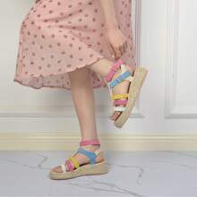 Women's Simple Comfortable Wedge Color-Block Sandals, Non-Slip Soft Cork Bottom, Casual Hook And Loop Woven Outdoor Holiday All Season Sandals - FUSHIA - View 1