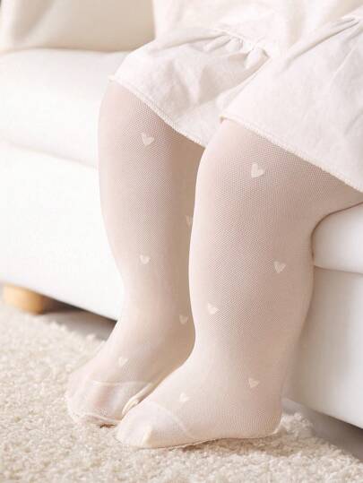 1 Piece Baby Girl's Sheer Leggings With Beige Heart-Shaped Jacquard Pattern | Soft & Comfortable Pantyhose | Light & Breathable | Suitable For All Seasons | Present For Halloween Thanksgiving Christmas