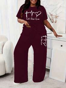 Conjunto de pijama informal de verano para mujer de talla grande, con top de manga corta y pantalón largo de 2 piezas - Rojo - Ver 6