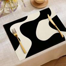 1pc/4pcs/6pcs Daily Use Decorative Placemats, Black And White Geometric Linen Placemats, Dirt-Resistant Placemats, Suitable For Home, Restaurant And Cafe, Dining Table Decor, Home Goods