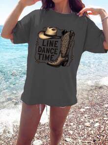 Cowboy Rope LINE DANCE TIME Pure Cotton Women's Fashion T-Shirt - 深灰色 - 查看 1