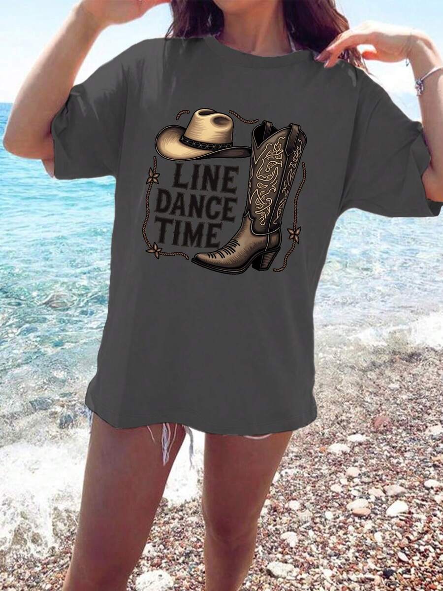 Cowboy Rope LINE DANCE TIME Pure Cotton Women's Fashion T-Shirt - 深灰色 - 查看 1