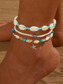 3pcs Handmade Beaded Rope Natural Shell Anklet & Bracelet Set For Women, Summer Beach Holiday - Green - View 1