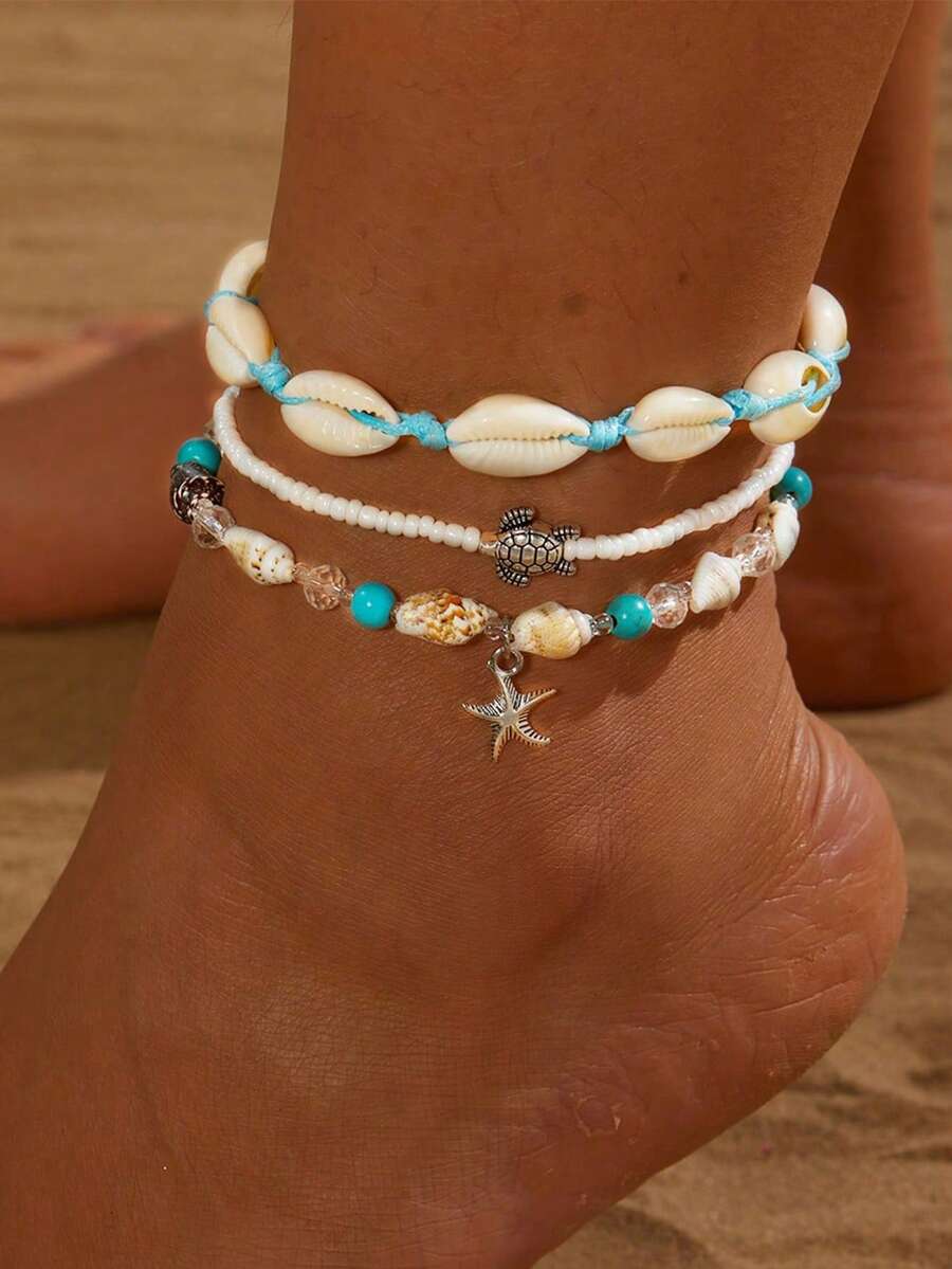3pcs Handmade Beaded Rope Natural Shell Anklet & Bracelet Set For Women, Summer Beach Holiday - Green - View 1