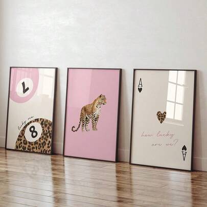 Set Of 3 Red And Pink Leopard Cheetah Wall Art Picture How Lucky Are We Canvas Prints Paintings Lucky 8 Ball Posters Preppy Girly Decor For Bedroom, Living Room Room,Dorm Wall Decor Canvas Painting Holiday & Birthday Gift, Office Decoration Arranged Artwork Optional Frame ,Wall Art With Frame