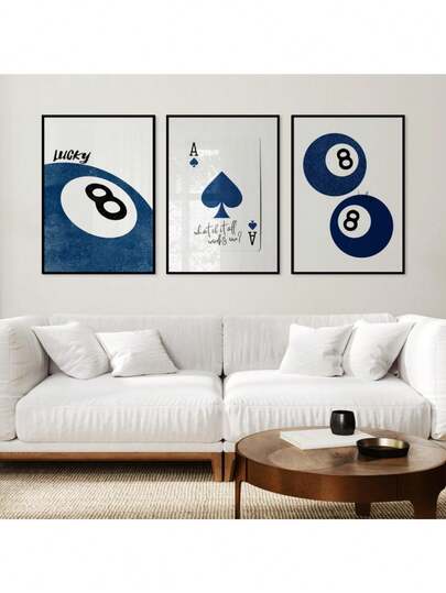 Wandkunstset mit 3 marineblauem Wandkunst, ästhetische Raumdekoration Y2K Poster, Ass der Pik Muster und Achtball Poster, Retro Wandkunstbündel Leinwandmalerei Wandkunst für Wohnzimmer Heimdekoration Feiertag & Geburtstagsgeschenk, optional mit Rahmen, Bürodekoration