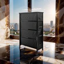 Narrow Storage Dresser With Four Drawers: Wood Surface, Sturdy Steel Build - Black - View 4