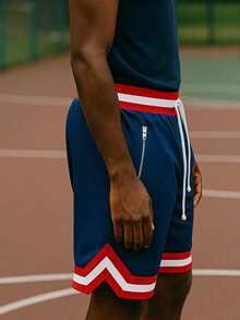 Mens Mesh Lined Basketball Shorts Sports Active Striped Tape And Elastic Waist Gym And Fitness - 海軍 - 查看 2