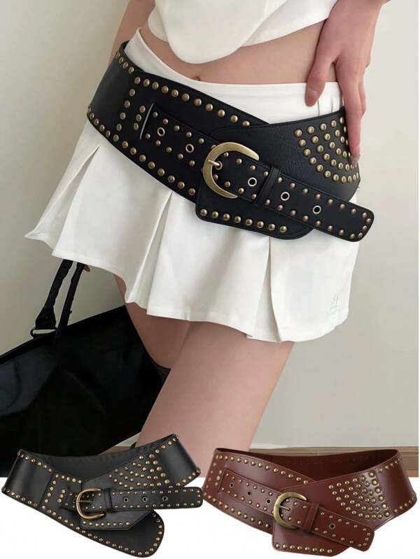 Cinturón ancho de estilo Y2K "American Baddie" con remaches, accesorio esencial para chicas punk, accesorio versátil de cintura de estilo occidental retro industrial pesado para vestidos, faldas de verano, escuela de otoño, otoño, Halloween