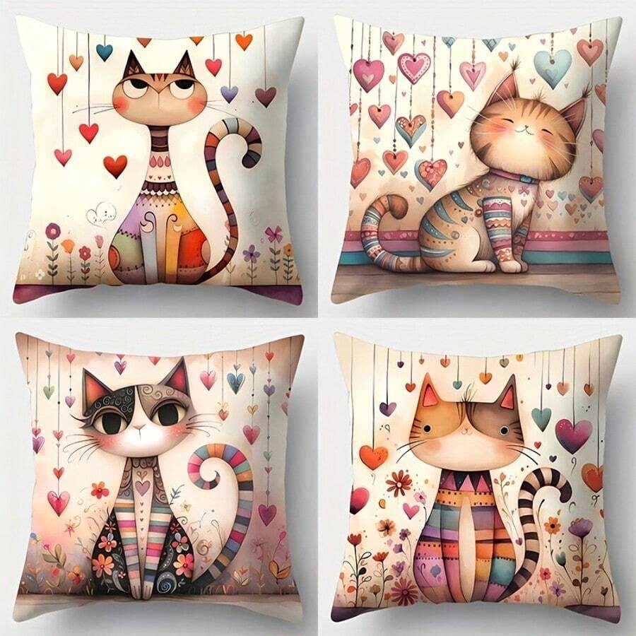 4pcs Sofa Cushion Cover Set, Cat & Heart Pattern, 44.96cm*44.96cm, Single-Sided Printing, Home Decor, Sofa Back Cover, Pillow Insert Not Included - Multicolor - View 1