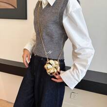 1pc New Mini Metal Makeup Bag, Electroplated Gold Coin Purse, Shiny Avant-Garde Metal Color Handbag, Beaded Chain Crossbody Bag, Flower Asymmetrical Handbag, Jewelry Pouch, Elegant Coin Purse