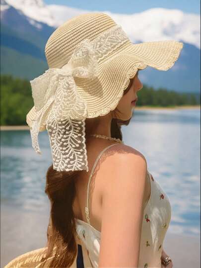 1-Piece Foldable Beige & Khaki Straw Wide Brim Sun Hat For Women - Bohemian Elegant Lace-Trimmed Summer Beach Hat, Easy-Pack Design For Mother's Day, Casual Outings, Travel & Outdoor Activities | Dual-Tone Adjustable Chin Strap, Lightweight Breathable UV Protection