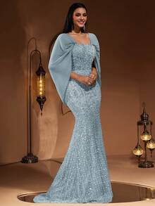 新款时尚高端优雅奢华亮片蕾丝拼接雪纺披肩袖女士美人鱼尾长裙，正式晚礼服，适合宴会、派对、红毯、婚礼宾客、新娘、情人节等场合。 - 淺藍色 - 查看 8